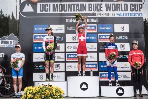 Women Elite Podium At The Uci Mountain Bike World Cup In Nove Mesto, Czech Republic On May 24Th 2015 // Bartek Wolinski/Red Bull Content Pool 