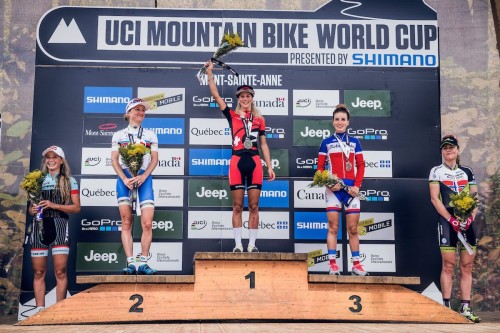Emily Batty, Catharine Pendrel, Jolanda Neff, Pauline Ferrand Prevot, Gun Rita Dahle Flesjaa stand on the podium at the UCI World Tour in Mont Sainte Anne, Canada on August 2nd, 2015 // Bartek Wolinski/Red Bull Content Pool // P-20150803-00011 // Usage for editorial use only // Please go to www.redbullcontentpool.com for further information. //