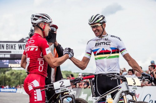 Nino Schurter e Julien Absalon congratulate after the race at the UCI World Tour in Mont Sainte Anne, Canada on August 2nd, 2015 // Bartek Wolinski/Red Bull Content Pool // P-20150803-00019 // Usage for editorial use only // Please go to www.redbullcontentpool.com for further information. //