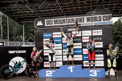 Tracey Hannah, Manon Carpenter, Rachel Atherton, Tahnee Seagrave, Myriam Nicole Stand On The Podium At The Uci World Tour In Windham, United States On August 8Th, 2015 // Bartek Wolinski/Red Bull Content Pool // P-20150809-00026 // Usage For Editorial Use Only // Please Go To Www.redbullcontentpool.com For Further Information. //