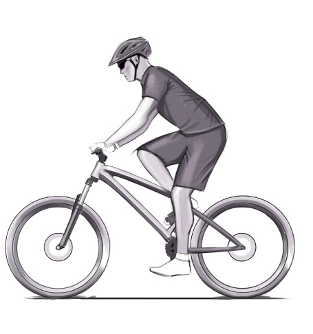 Il disegno simula la posizione del biker in sella alla Dune Xr. Come si può vedere la distanza fra mozzo anteriore e movimento centrale è maggiore per via del tubo orizzontale più lungo. L'attacco manubrio più corto consente al biker di essere posizionato in modo ottimale sulla bici. Ecco il segreto della Forward Geometry.