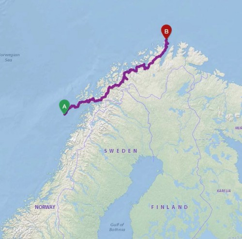 La partenza dell'itinerario è dalle Isole Lofoten (che vi abbiamo mostrato in questo video) e l'arrivo è a Nordkapp (Capo Nord). Siamo sulla penisola norvegese.