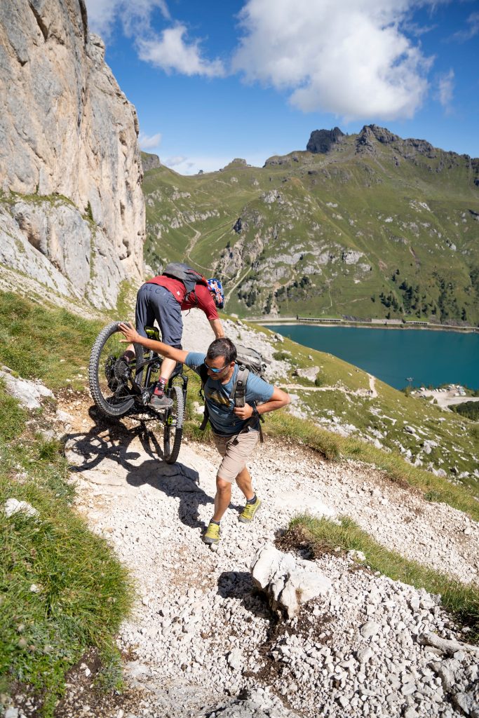 Tom Oehler Dolomites Trial Biking Past The Hiker